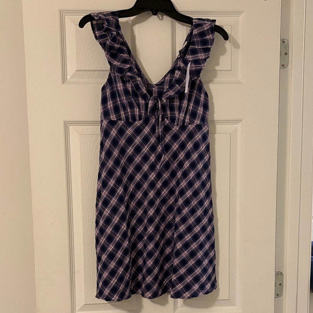 NWT American Eagle Outfitters Navy and Plum Plaid Sleeveless Ruffle Mini Dress